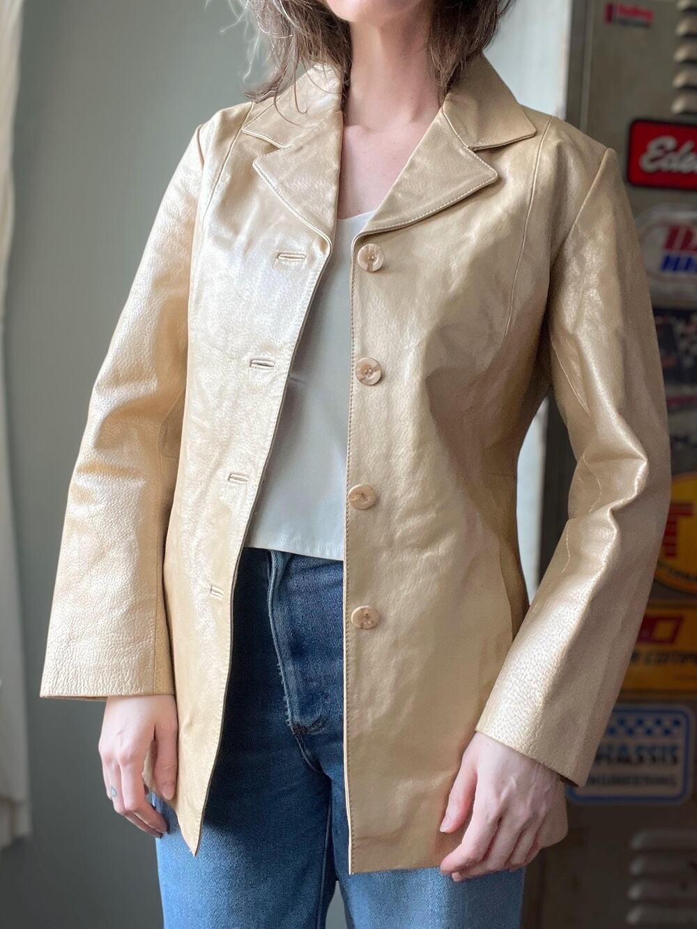 Vintage Y2K Champagne Gold Leather Jacket | Metallic Blazer | Minimalist | M